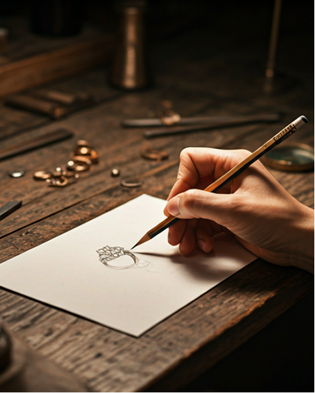 Hands sketching a ring at the atelier bench